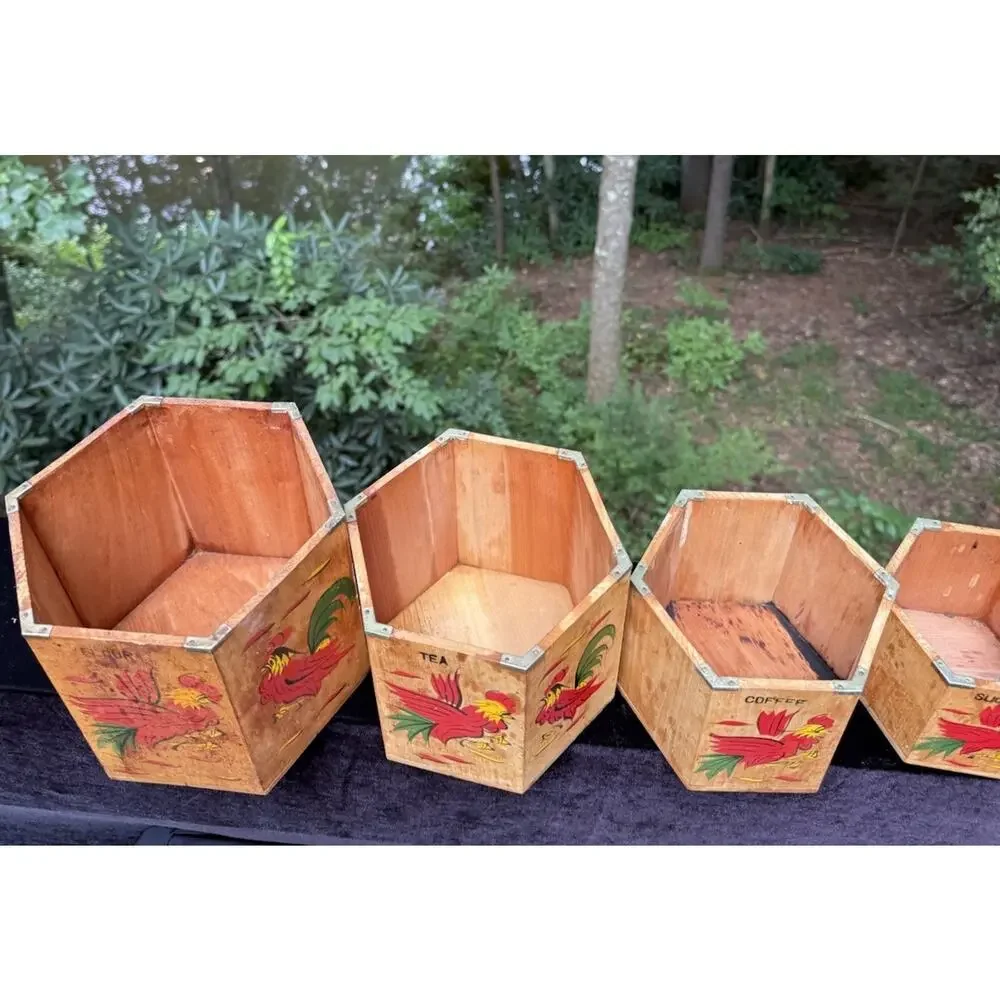 4 MCM 1960’s Japan Betson's Wood Rooster Hexagon 6-Sided Nesting Canisters